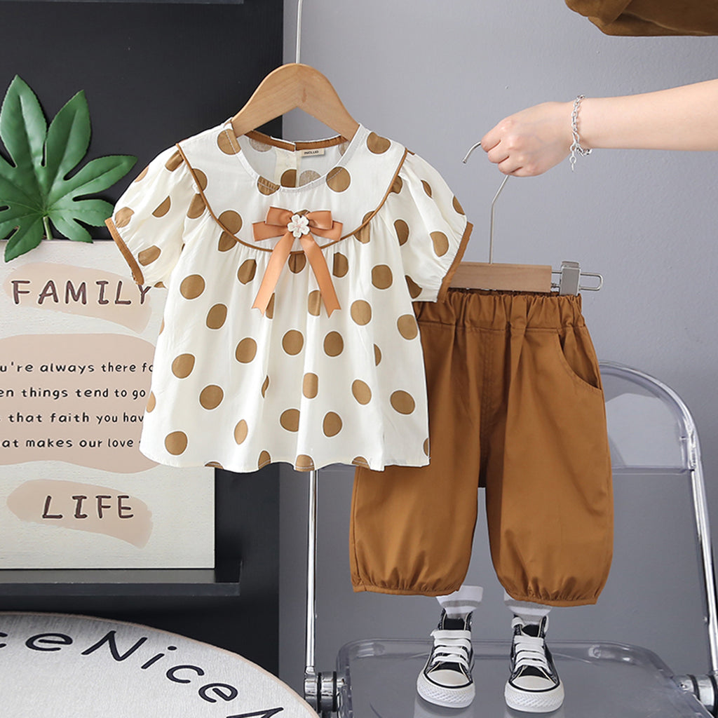 Girls Brown Polka Dot Printed Puff Sleeves Top With Capri Set 2 pc. Sets Brown 1-2 Y
