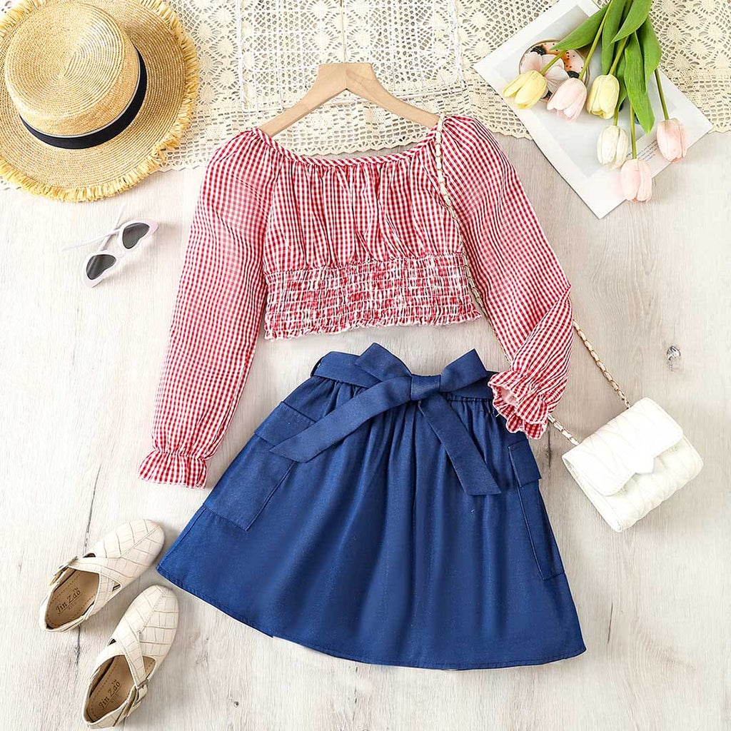 Girls Gingham Check Crop Top With Skirt Set Sets Red 8-9 Y 