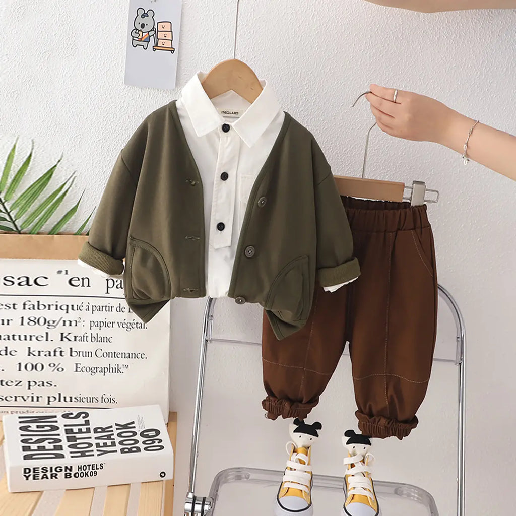 Boys Olive Green Cardigan With Shirt & Dark Brown Jogger Sets Sets Dark Brown 1-2 Y