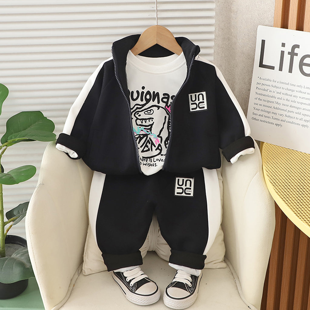 Boys Black Graphics Printed Zipper Sweatshirt With Pant Set 3 pc. Sets Black 1-2 Y