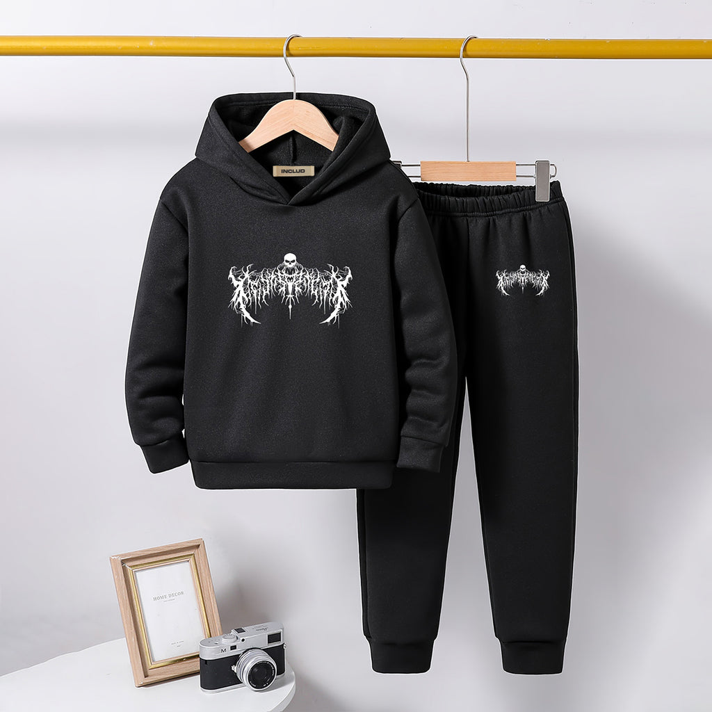 Boys Black Spooky Printed Hooded Sweatshirt with Joggers Set Sets Black 5-6 Y