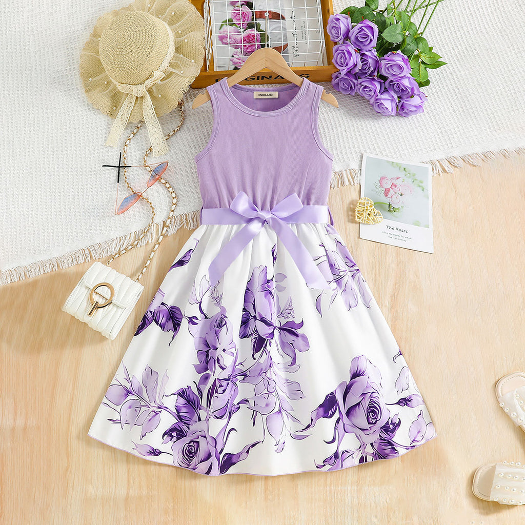Girls Lilac Purple Rose Printed Fit And Flared Midi Casual Dress Casual Dresses Purple 3-4 Y