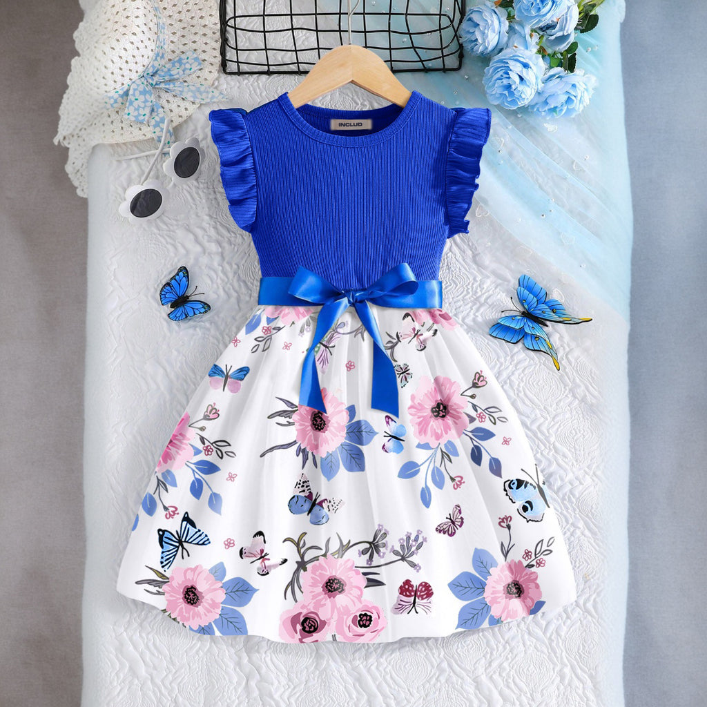 Girls Blue Floral Printed Flutter Sleeves Fit And Flared Dress Casual Dresses Blue 3-4 Y