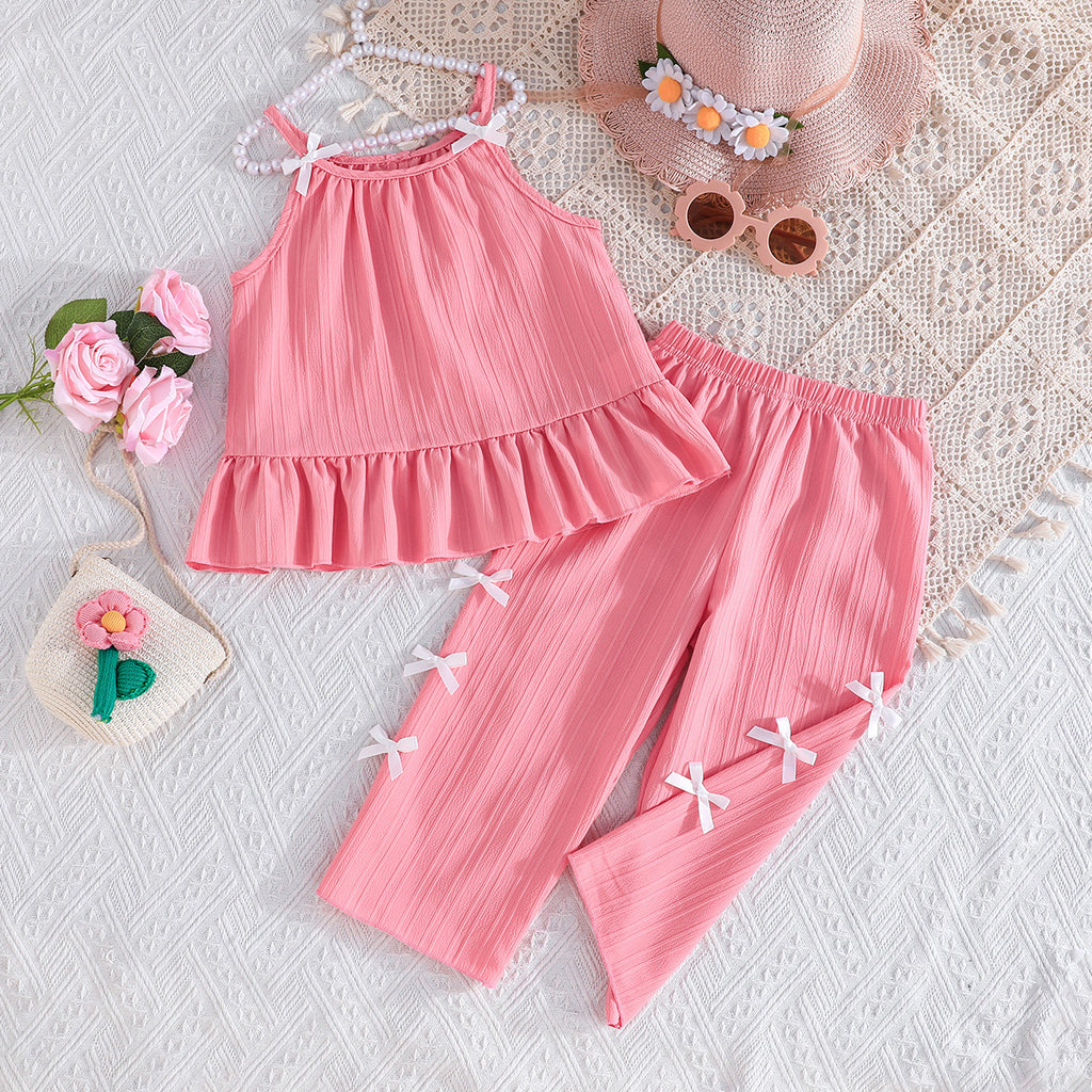 Girls Pink Textured Sleeveless Summer Top With Pants Set 2 pc. Sets Pink 2-3 Y
