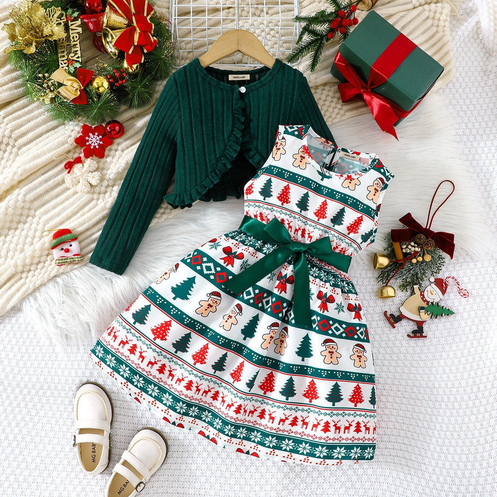 Girls Multicolor Christmas Theme Printed Fit & Flare Dress With Shrug Casual Dresses Multicolor 2-3 Y