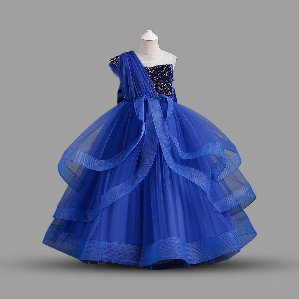 Girls Sequins Embellished Party Wear Dress With Bow Party Dresses Blue 6-7 Y 