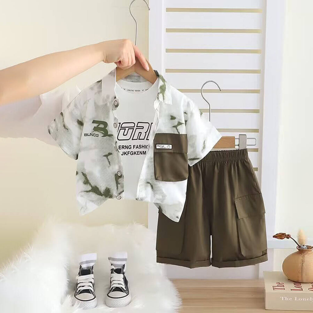 Boys Green Abstract Printed Short Sleeves Shirt With T-Shirt And Cargo Shorts Set Sets Green 1-2 Y