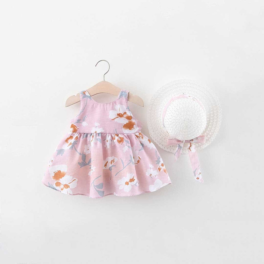 Girls Floral Print Fit & Flare Dress with Hat Casual Dresses Peach 1-2 Y 