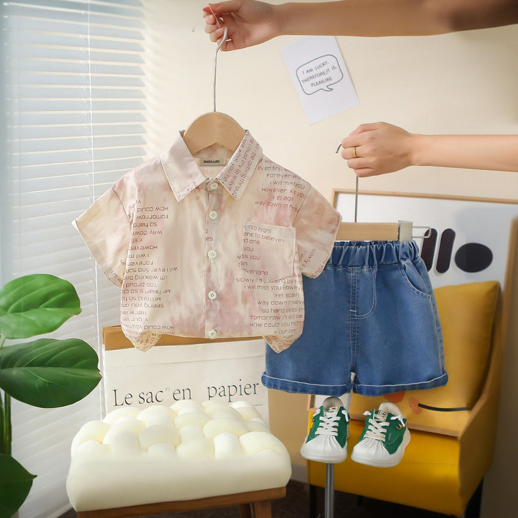Boys Light Pink Typographic Printed Short Sleeves Shirt With Denim Shorts Set 2 pc. Sets Light Pink 1-2 Y