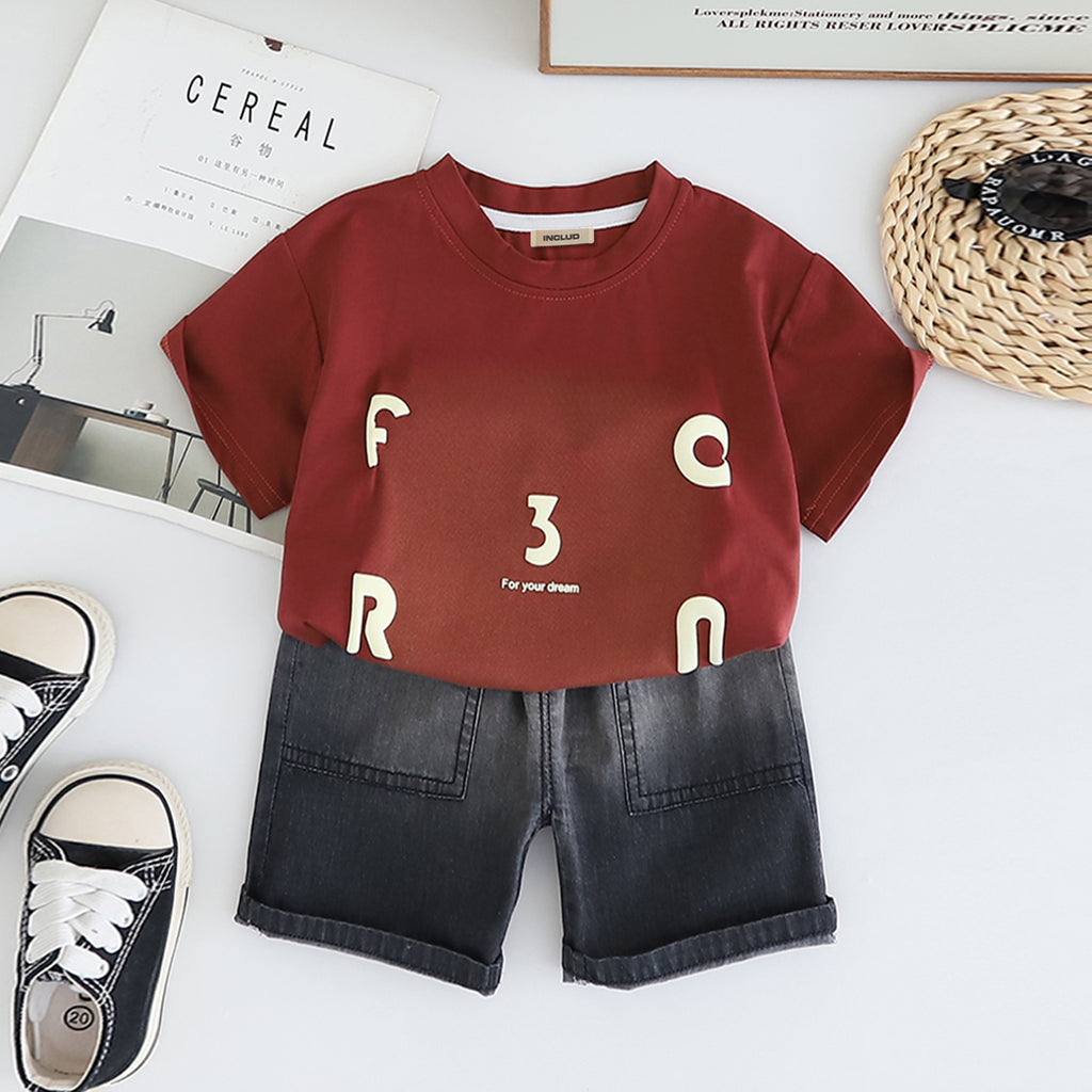 Boys Maroon Printed Short Sleeves T-Shirt With Denim Shorts Set 2 pc. Sets Maroon 1-2 Y