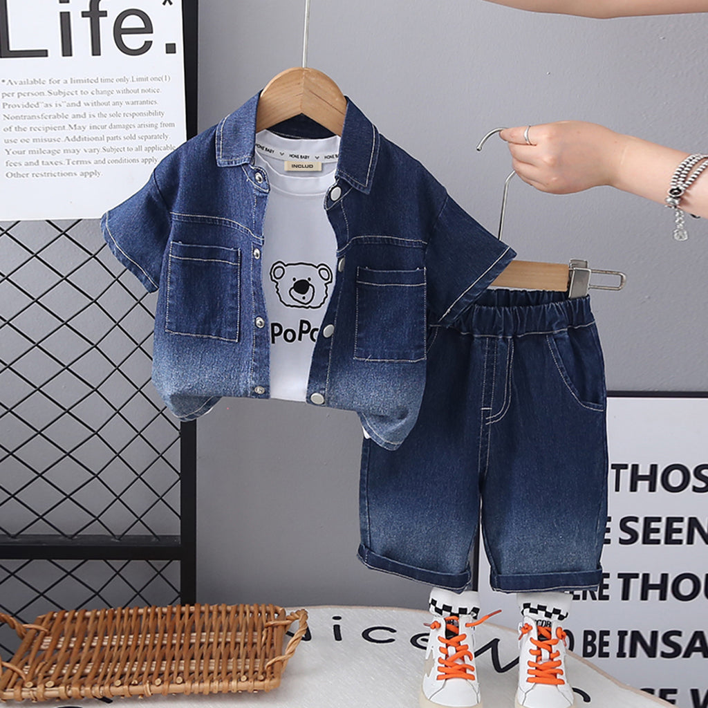 Boys Blue Denim Short Sleeves Shirt And Shorts With Inner Tee Set 3 pc. Sets Blue 1-2 Y