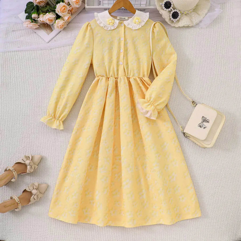 Girls Yellow Floral Printed Fit & Flare Midi Dress Casual Dresses Yellow 7-8 Y