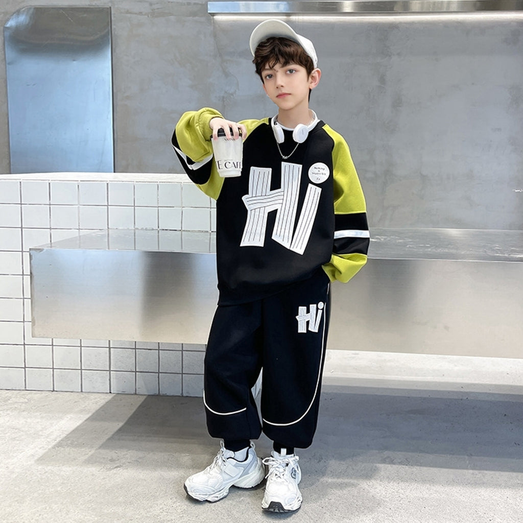Boys Green Hi Printed Winter Sweatshirt With Jogger Set 2 pc. Sets Green 5-6 Y