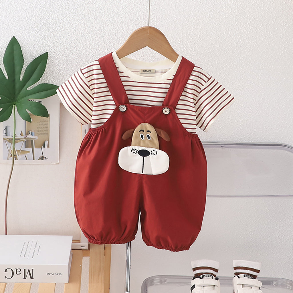Boys Stripe Short Sleeves T-Shirt With Embroidered Appliqued Red Dungaree Set 2 pc. Sets Red 1-2 Y