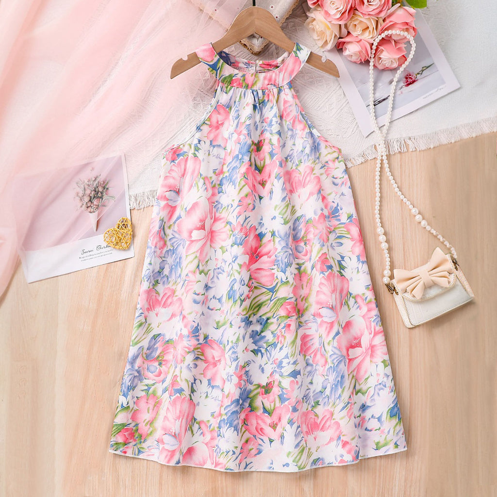 Girls Light Blue Floral Printed Halter Neck Casual Dress Casual Dresses Light Blue 3-4 Y
