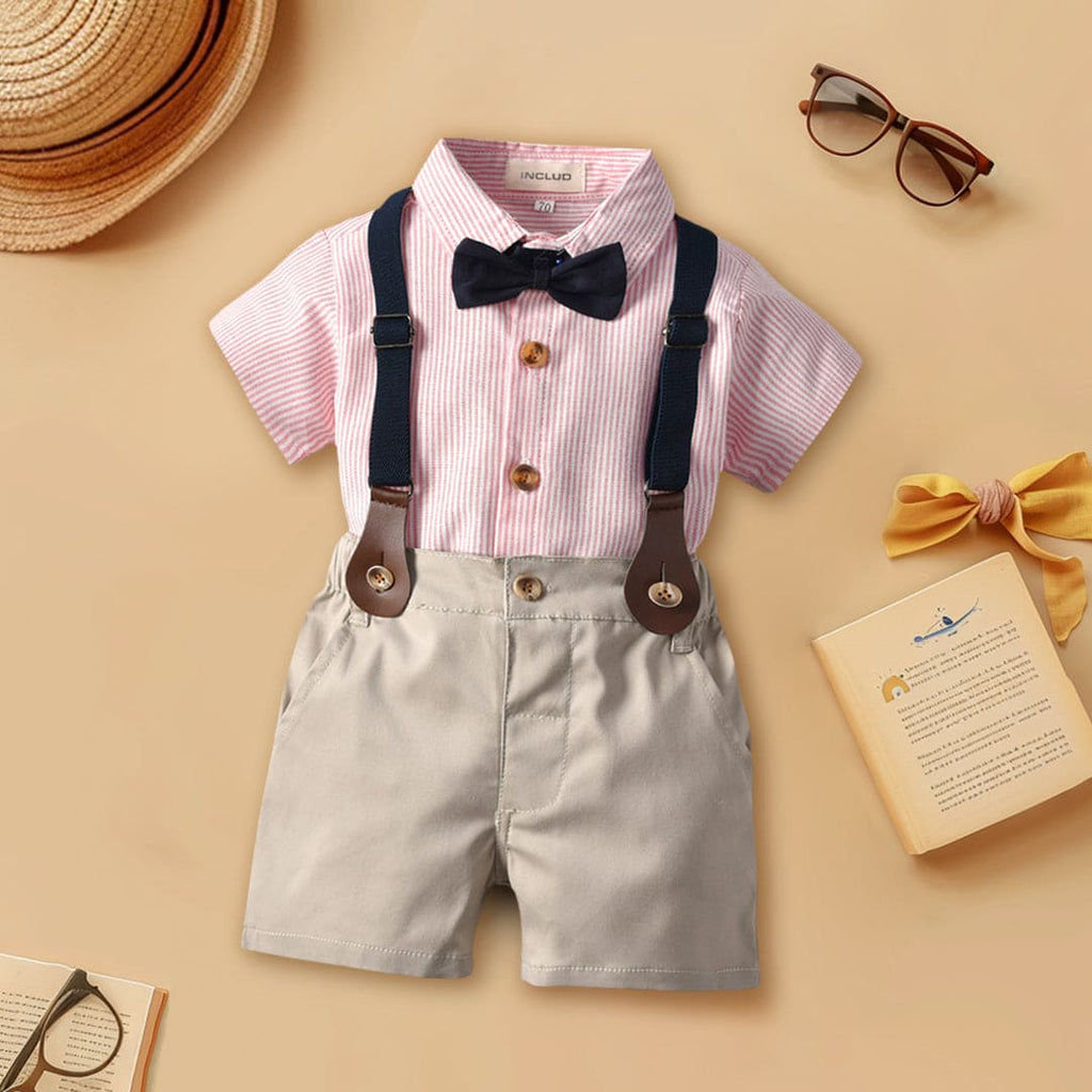 Boys Striped Shirt with Bow & Suspender Shorts Formal Set Sets Pink 1-2 Y 