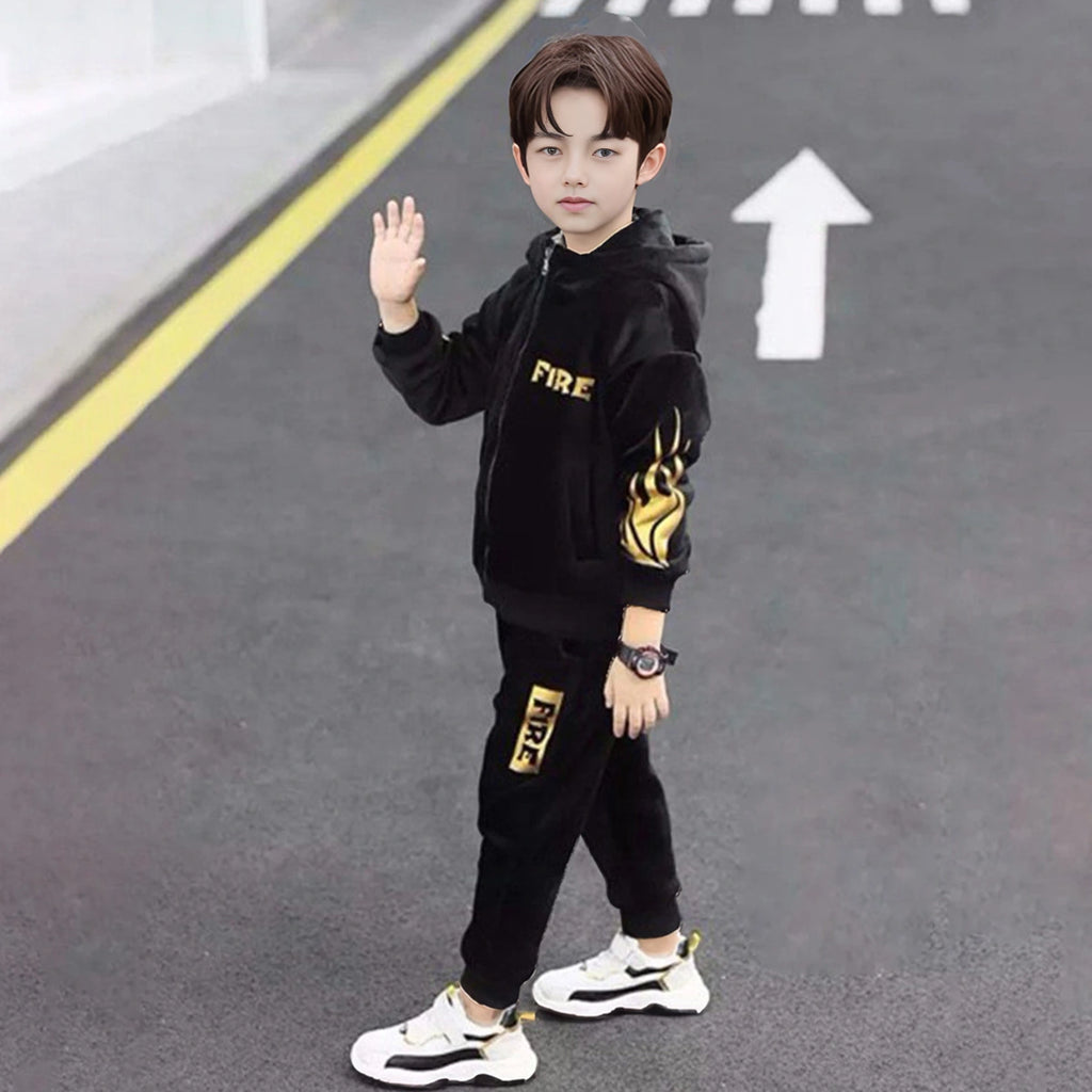 Boys Black Typographic Printed Hooded Zip-up Jacket With Jogger Sets Sets Black 5-6 Y