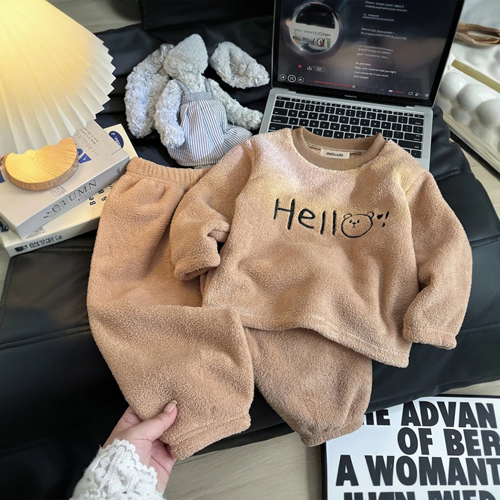 Girls Brown Typographic Embroidered Long Sleeves Top With Pants Sets Sets Brown 1-2 Y