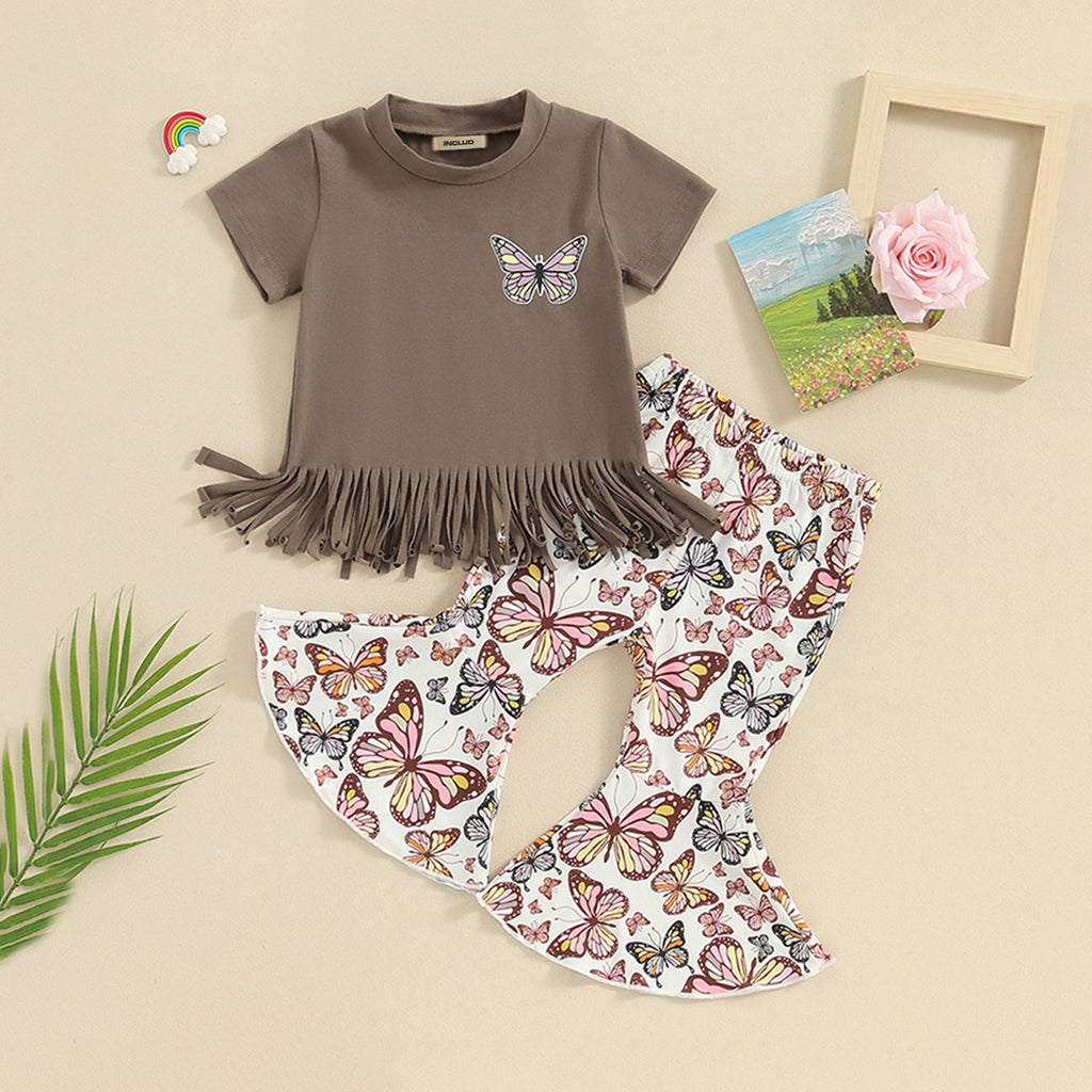 Girls Fringe T-shirt With Butterfly Print Flared Pants Set Sets Brown 1-2 Y 