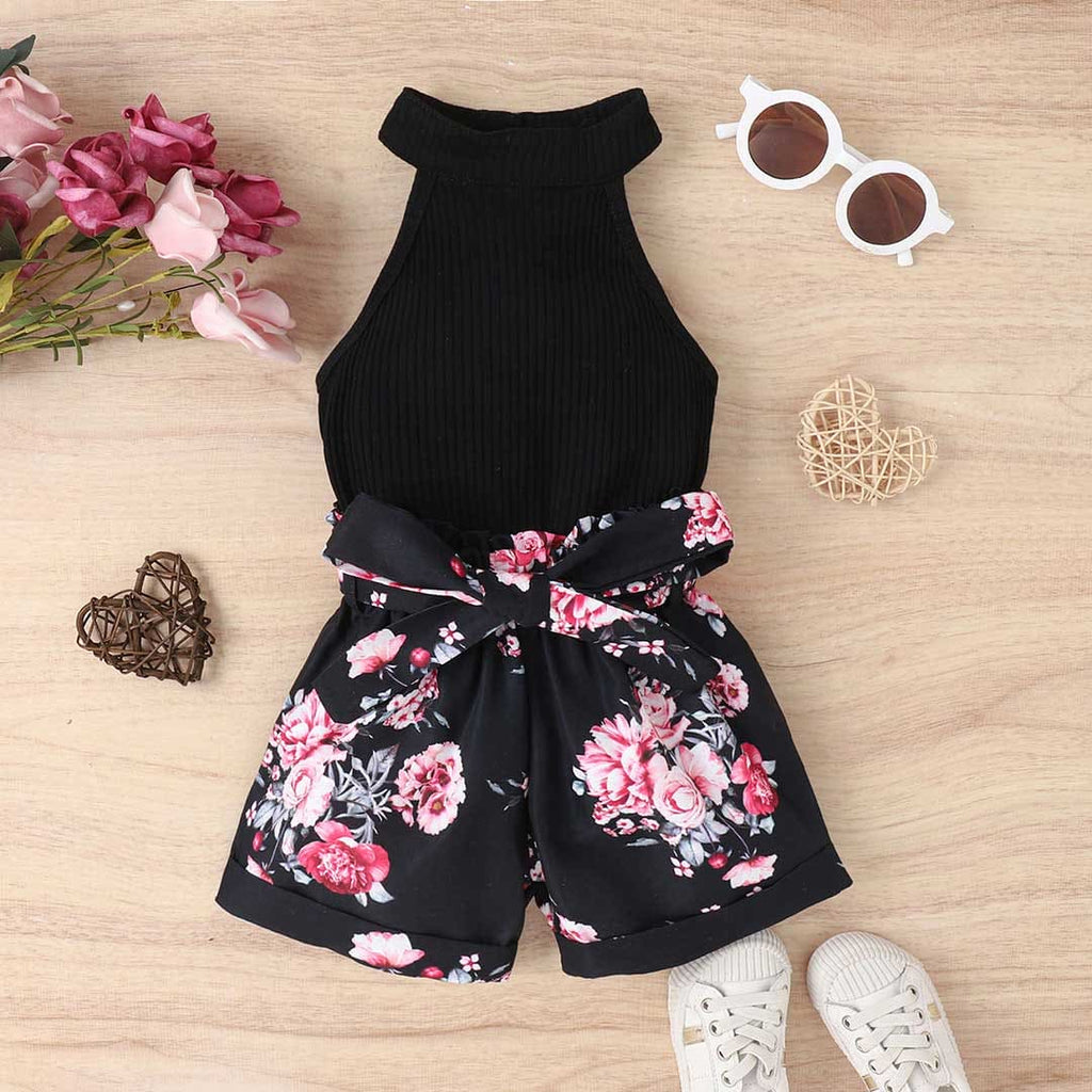 Girls Halter Neck Top With Floral Printed Shorts Set 2 pc. Sets Black 1-2 Y 