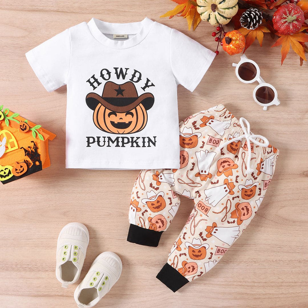 Boys Pumpkin Print T-Shirt With Halloween Printed Pants 2 pc. Sets White 1-2 Y 