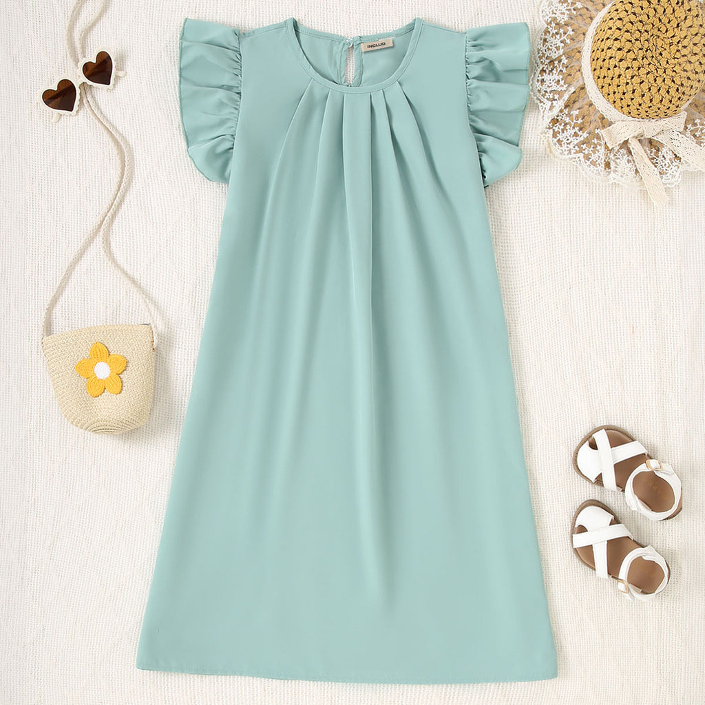 Girls Green Flutter Sleeves A-Line Casual Dress Casual Dresses Green 7-8 Y