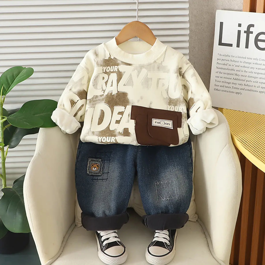 Boys Brown Typographic Regular Sweatshirt With Denim Trouser Sets 2 pc. Sets Brown 1-2 Y