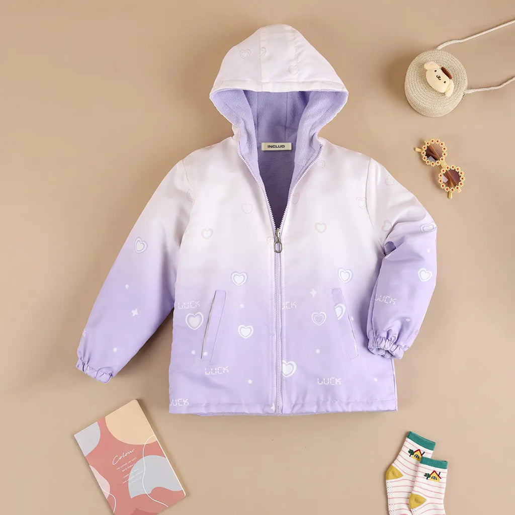 Girls Purple Heart Printed Reversible Hooded Zipper Jacket Coats & Jackets Purple 3-4 Y