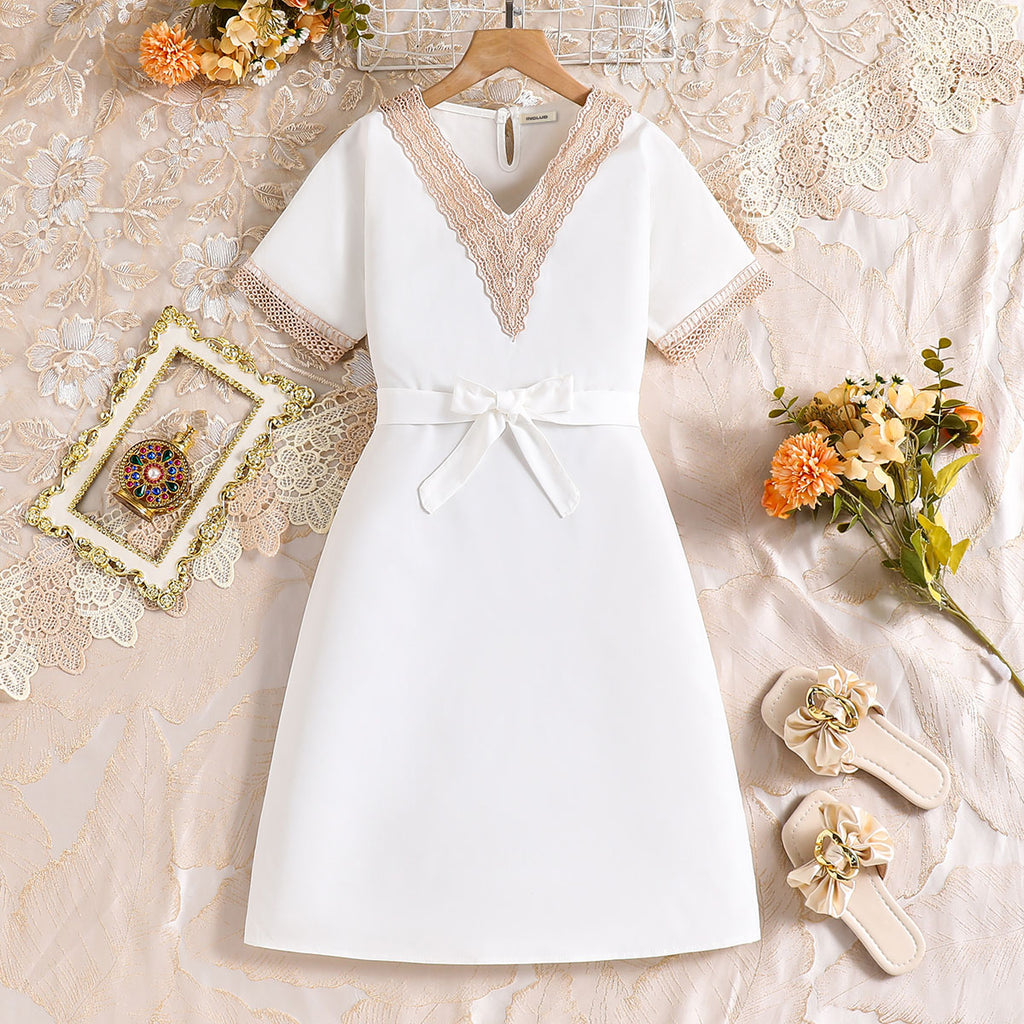 Girls White Short Sleeves V-Neck A-Line Dress Casual Dresses White 7-8 Y