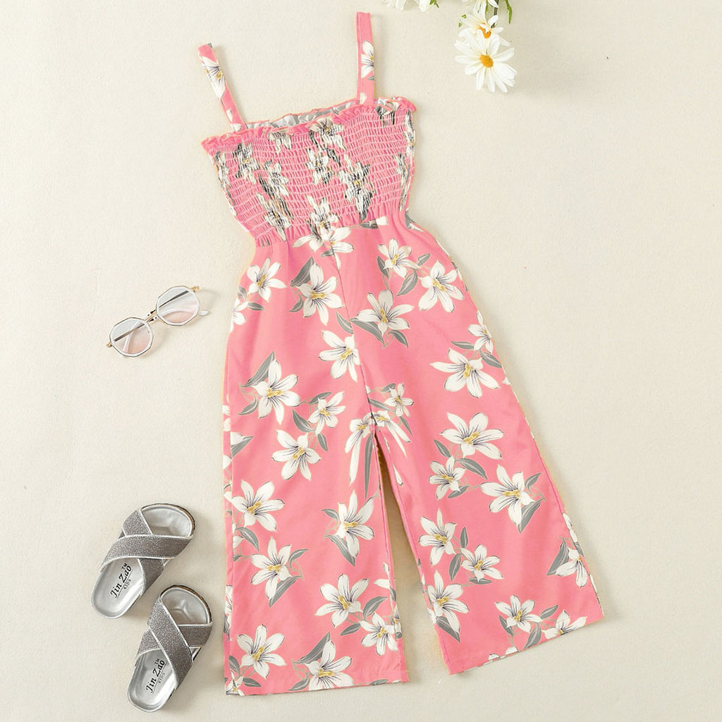 Girls Pink Floral Print Smocked Full Length Jumpsuit Jumpsuits Pink 1-2 Y