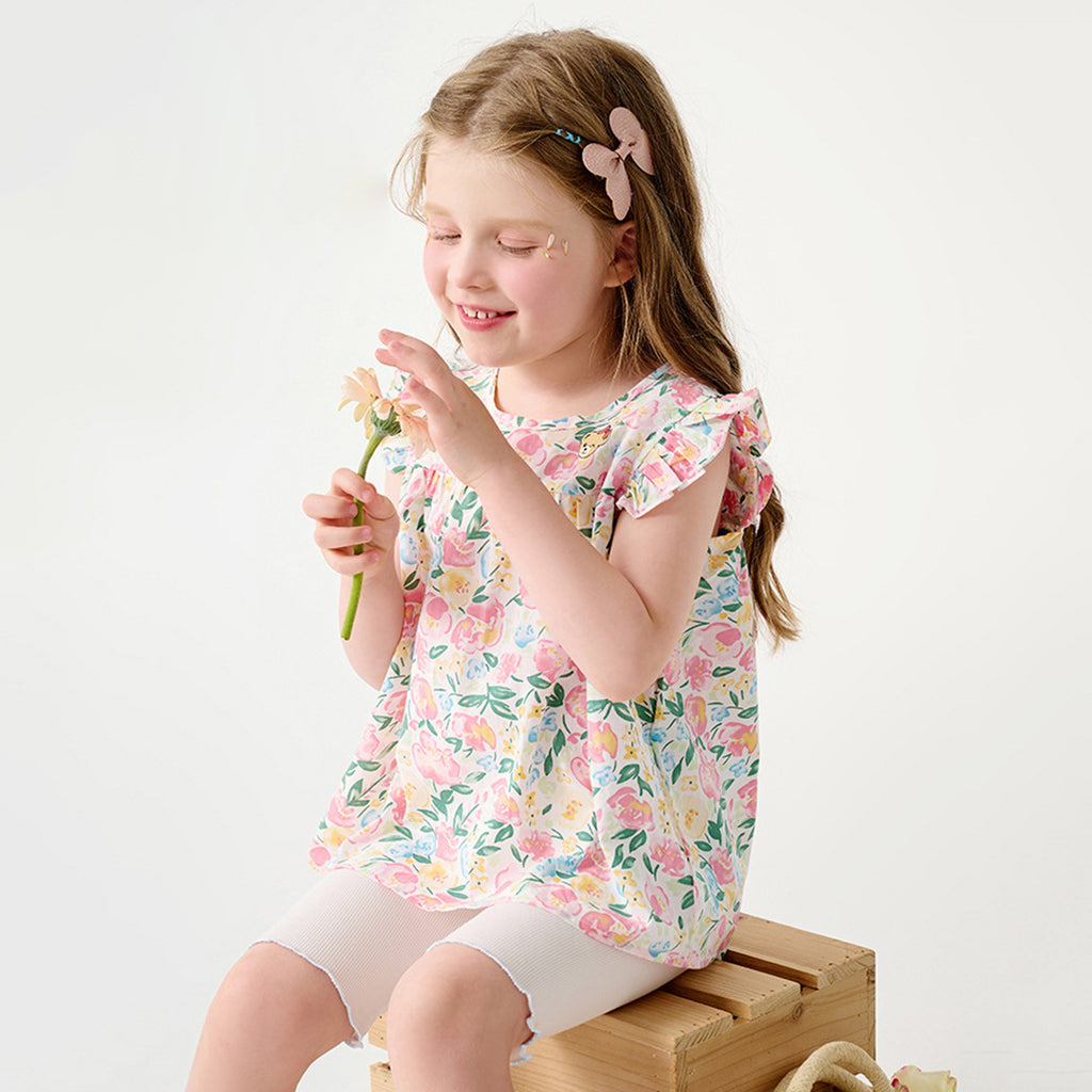 Girls Floral Print Top with Solid Shorts Set Sets Pink 1-2 Y 