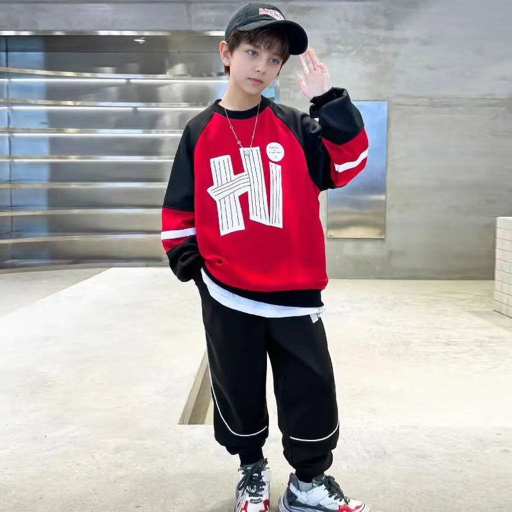 Boys Red Hi Printed Winter Sweatshirt With Jogger Set 2 pc. Sets Red 5-6 Y