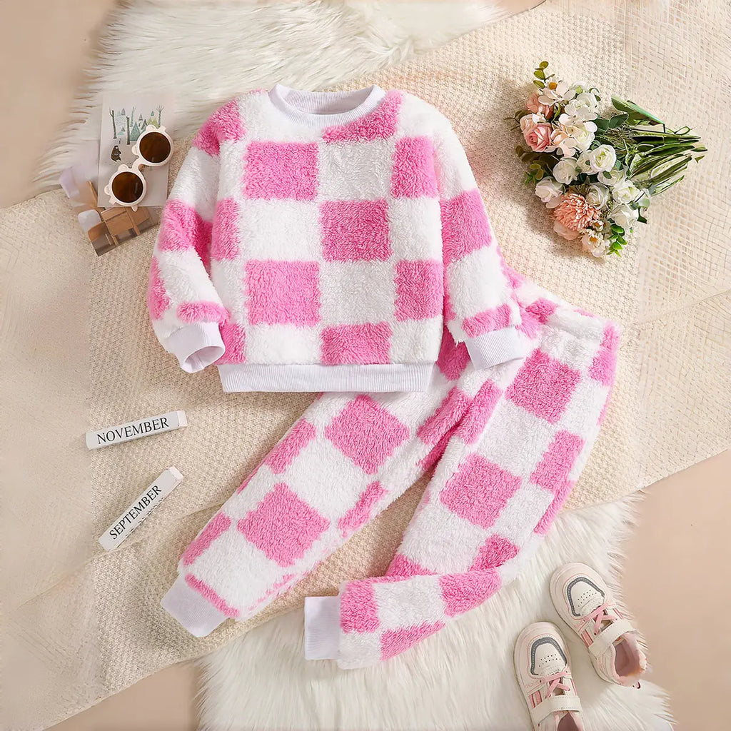 Girls Pink Checked Fleece Sweatshirt With Joggers Co-ord Sets 2 pc. Sets Pink 3-4 Y