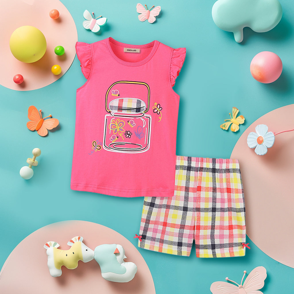 Girls Graphic Print T-Shirt With Checkered Shorts Set Sets Pink 1-2 Y 