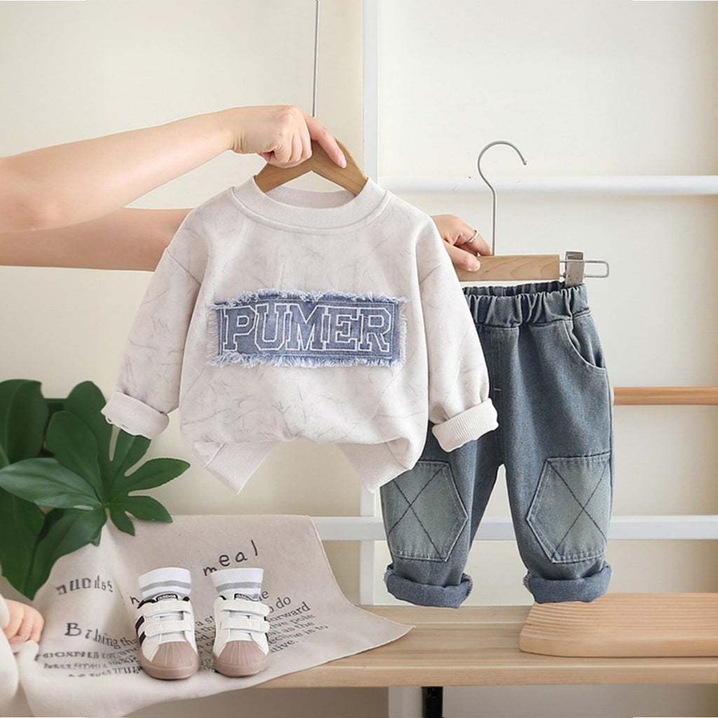 Boys Beige Typographic Applique Sweatshirt With Denim Trousers Sets 2 pc. Sets Beige 1-2 Y