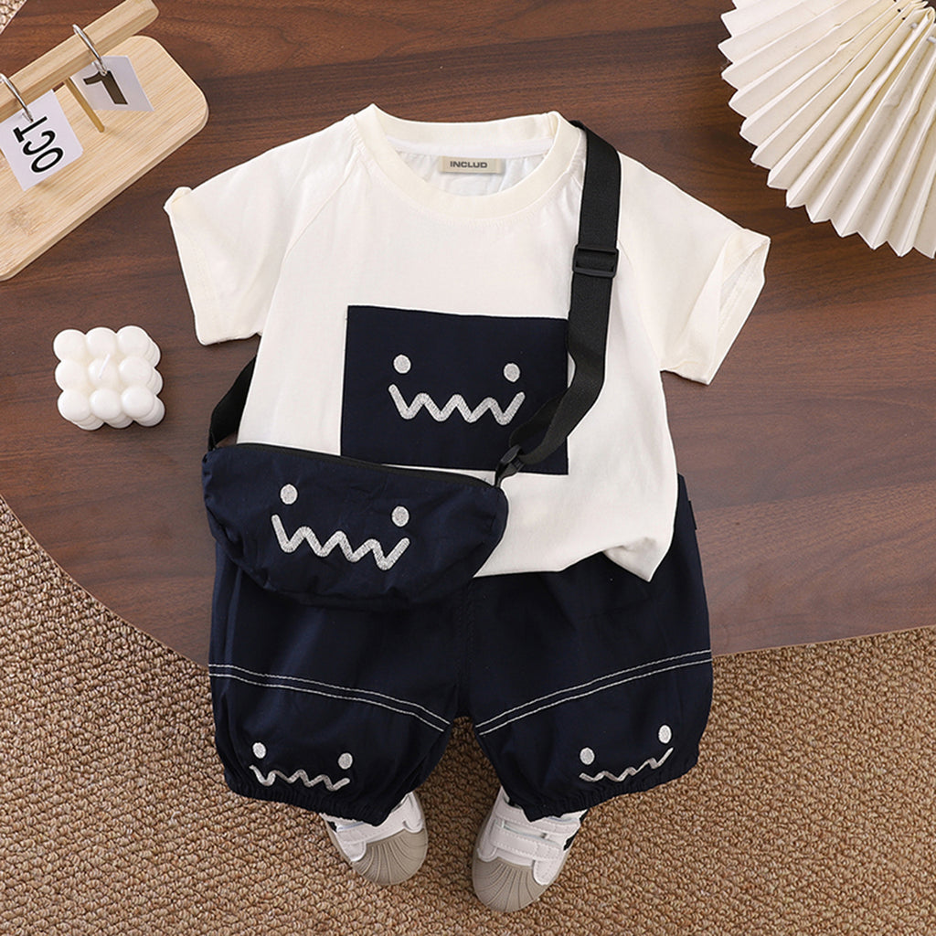 Boys Printed Appliqued T-Shirt With Black Sling Bag And Shorts Set Sets Black 1-2 Y