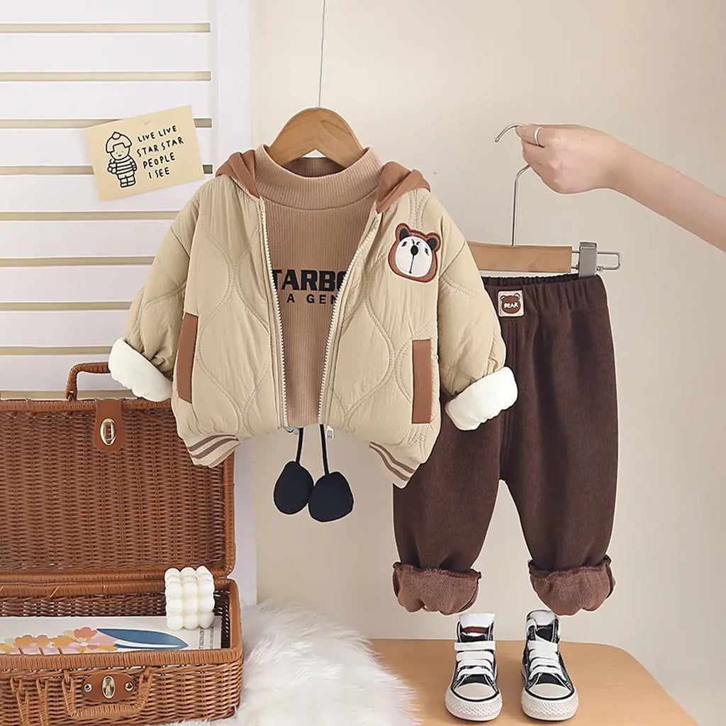 Boys Khaki Hooded Zip-up Jacket With T-Shirt & Jogger Sets Sets Khaki 1-2 Y