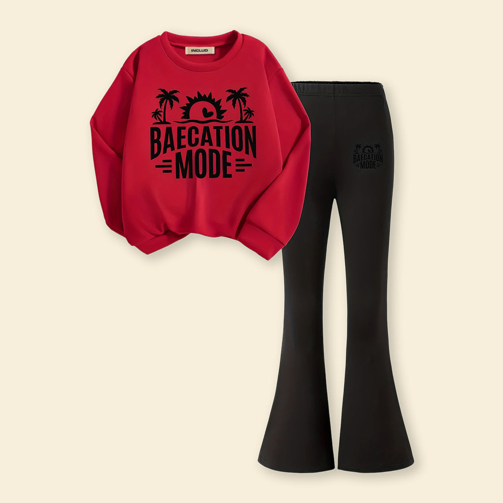 Girls Red Typographic Printed Sweatshirt With Flared Pants Sets 2 pc. Sets Red 7-8 Y