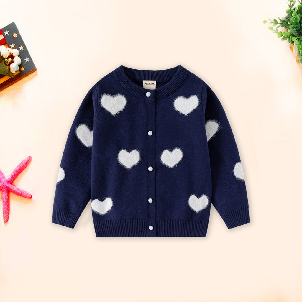 Girls Navy Blue Self Heart Design Winter Cardigan Sweaters & Cardigans Navy Blue 2-3 Y