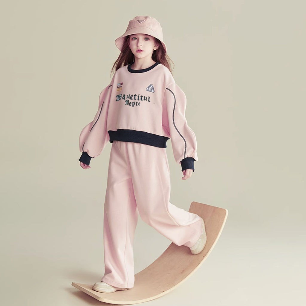 Girls Pink Typographic Printed Extended Sleeve Sweatshirt With Pants Sets 2 pc. Sets Pink 5-6 Y