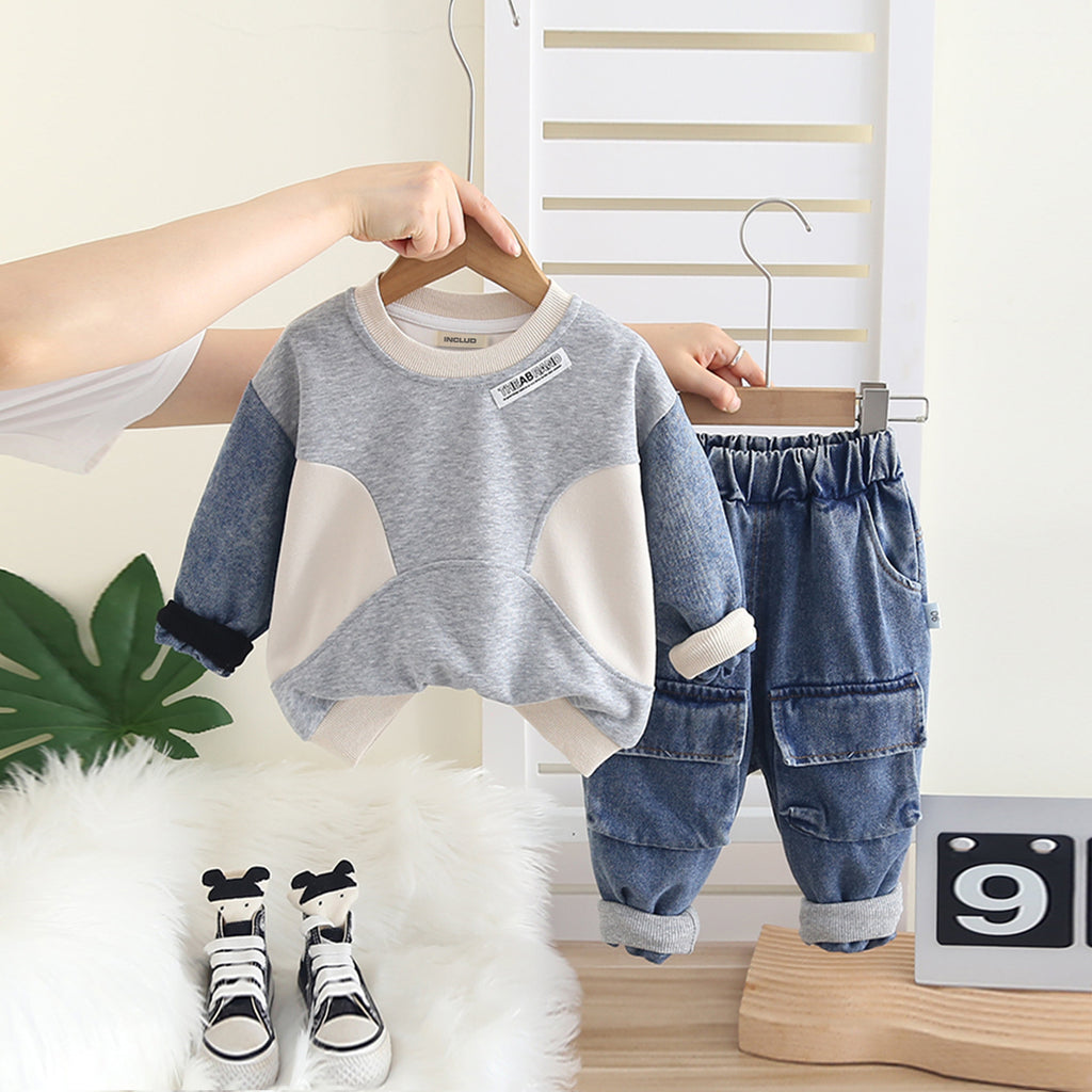 Boys Beige Solid Sweatshirt With Denim Pants Set 2 pc. Sets Beige 1-2 Y