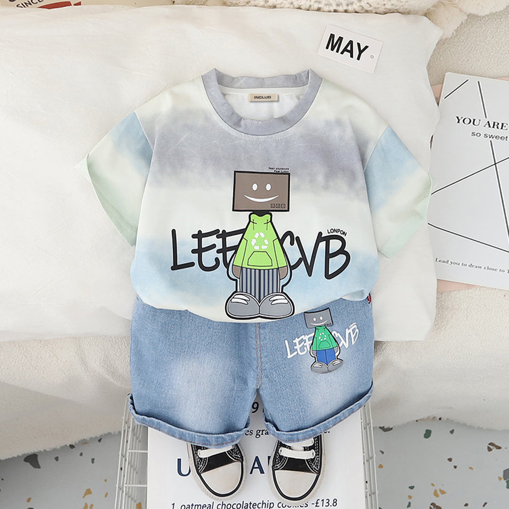 Boys Grey Robot Printed T-Shirt With Denim Shorts Set 2 pc. Sets Grey 1-2 Y