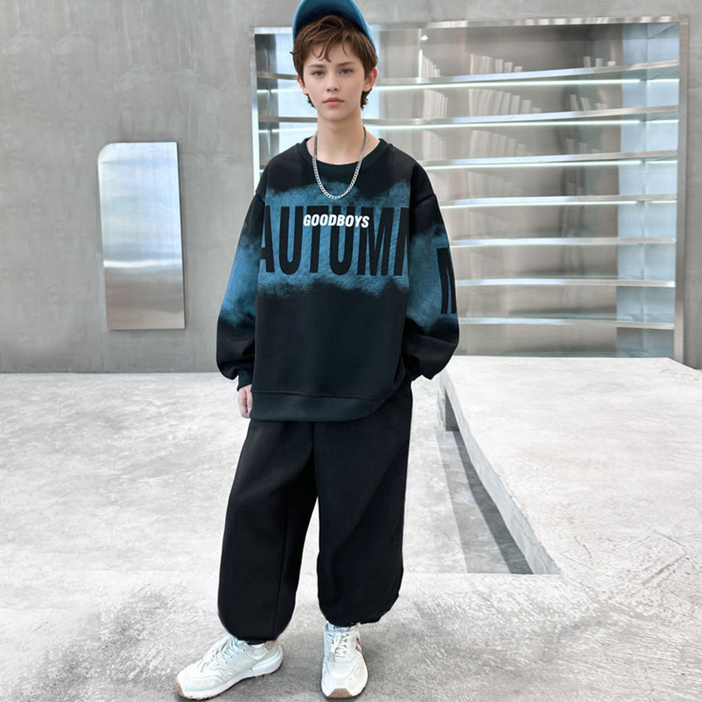 Boys Black Typographic Printed Sweatshirt With Jogger Winter Co-ord Sets 2 pc. Sets Black 5-6 Y