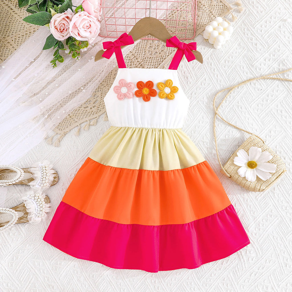 Girls Multicolor Flowers Appliqued Sleeveless Tiered Fit And Flared Dress Casual Dresses