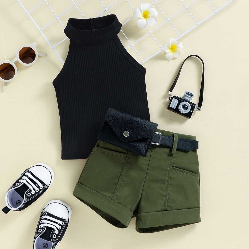 Girls Halter Neck Top With Bottom Fold Shorts Set 2 pc. Sets Green 7-8 Y 