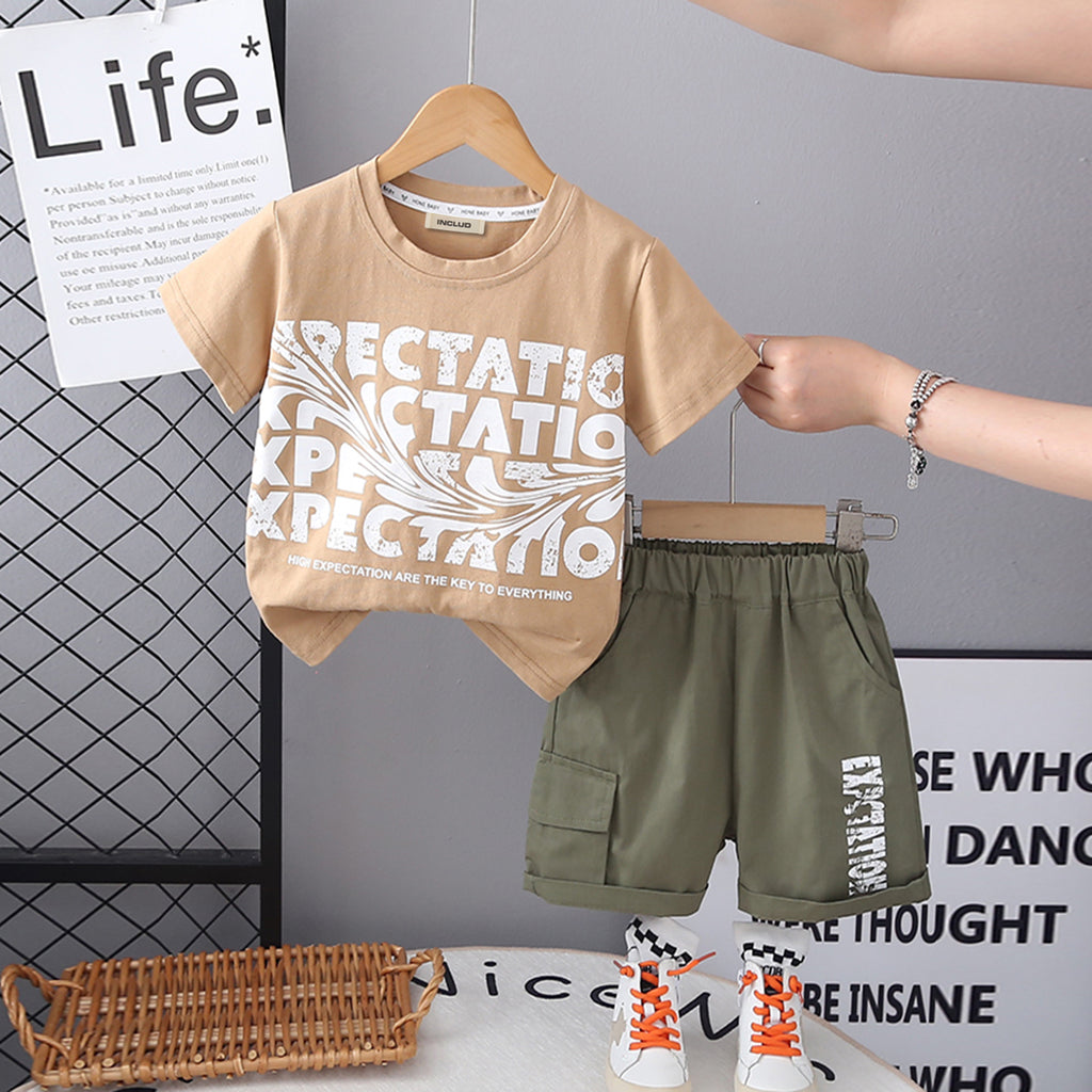 Boys Khaki Typographic Printed Short Sleeves Round Neck T-Shirt With Shorts Set 2 pc. Sets Khaki 2-3 Y