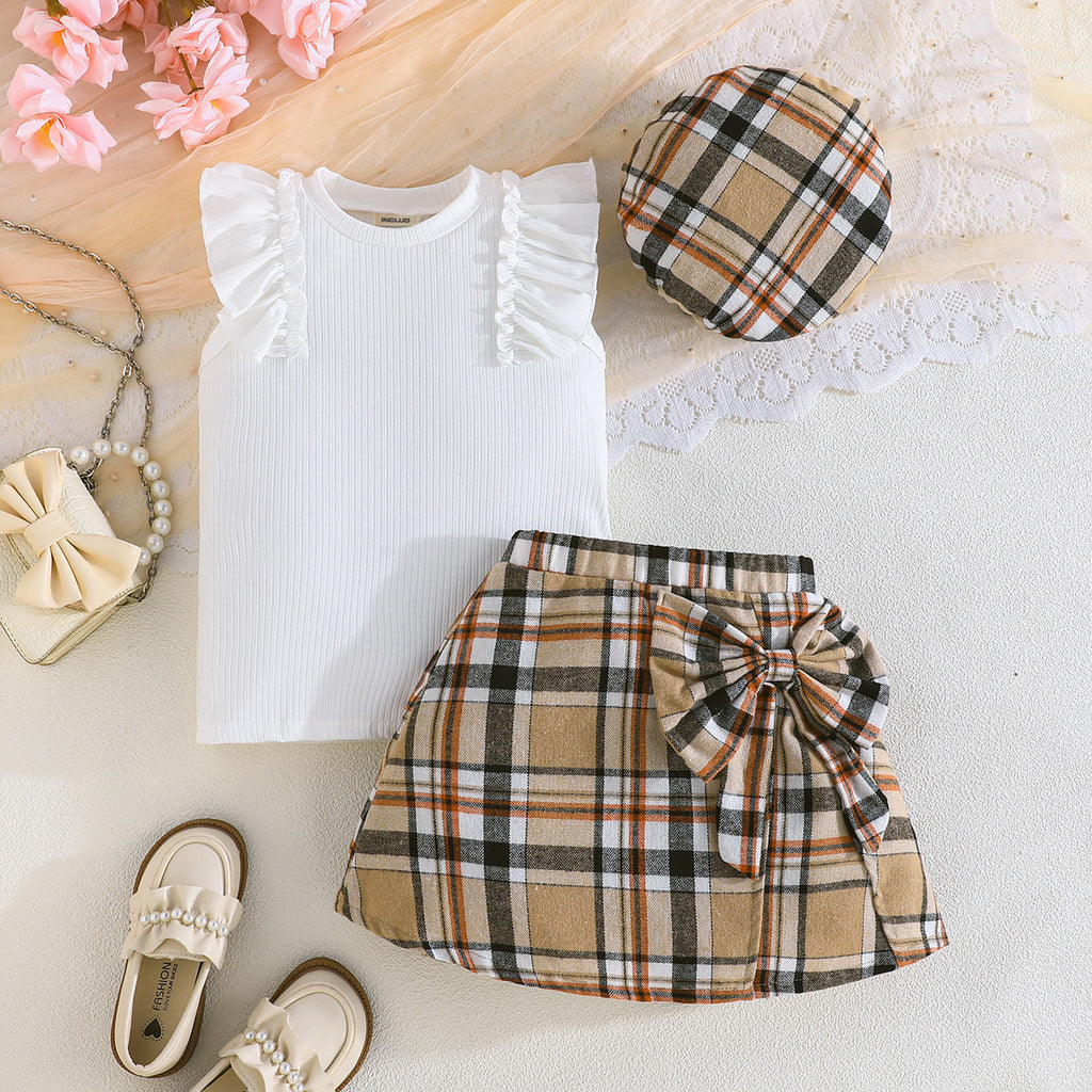 Girls White Solid Summer Knitted Top With Checked Skirt Set 2 pc. Sets White 2-3 Y