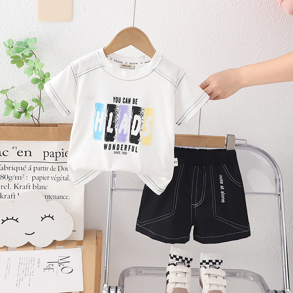 Boys White Short sleeves Alphabet Printed T-Shirt With Shorts Set 2 pc. Sets White 1-2 Y