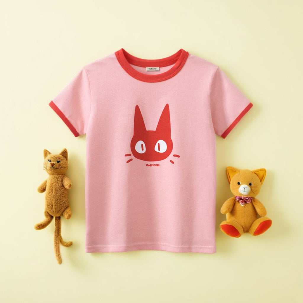 Girls Cat Print Shorts Sleeves T-shirt Tshirts Pink 1-2 Y 