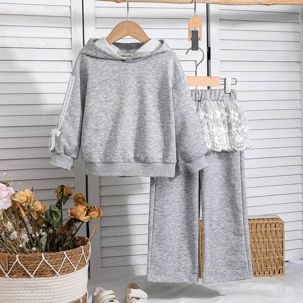 Girls Grey Lace Embroidered Hooded Sweatshirt With Pants Sets 2 pc. Sets Grey 3-4 Y